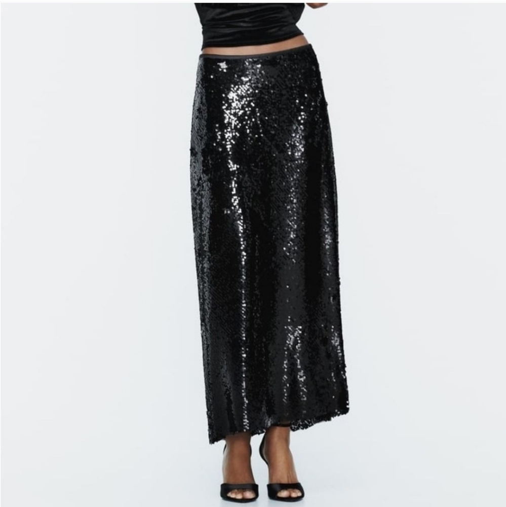 ZARA SEQUIN MIDI SKIRT size XS Black - Picture 10 of 13